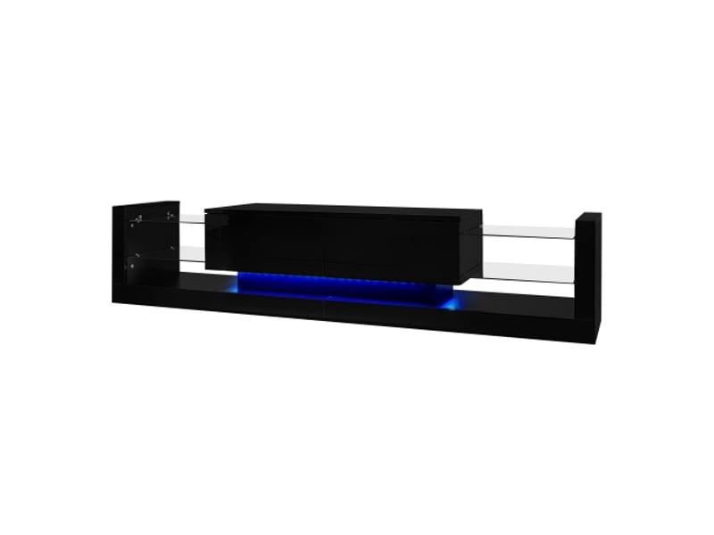  Meuble tv noir brillant, meuble tv discret avec éclairage led, étagères en verre, 2 portes à abattant  - Conforama E