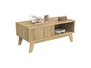 Table basse bois – porte coulissante – rangement double – design moderne – 95×48×41 cm