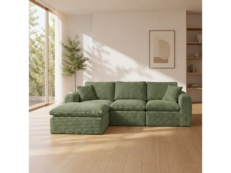 Canapé d’angle modulable 3 éléments vert, configuration 3-en-1 et couchage d’appoint, velours côtelé, 280 x 180 cm IKSETERA TRADING LTD - Conforama D
