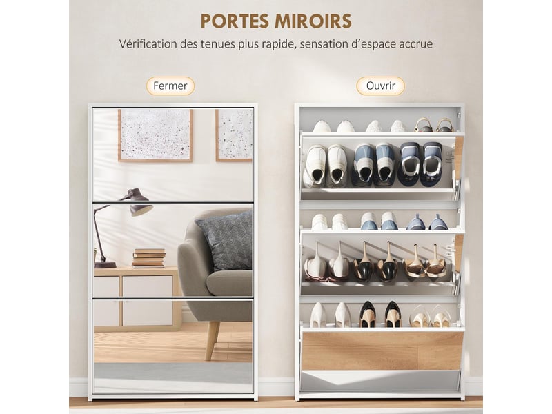  Meuble à chaussures 3 tiroirs basculants miroir blanc 65 x 17 x 114,5 cm  - Conforama E