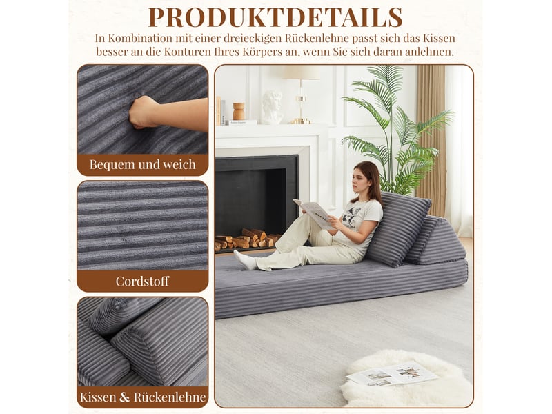  Canapé modulaire avec accoudoirs réglables et dossier triangulaire, style moderne, en corduroy gris  - Conforama E