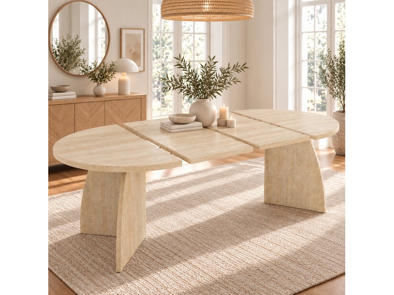  Table à manger extensible 100140180x100 cm ovale mdf travertin, conception télescopique, design minimaliste  - Conforama E