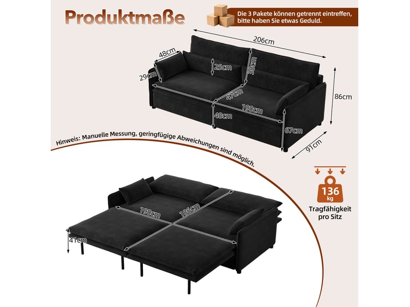  Canapé-lit 3 places 206x91x86 cm 3-en-1, convertir, tissu couleur noir, mousse et bois, design moderne, confort optimal  - Conforama C