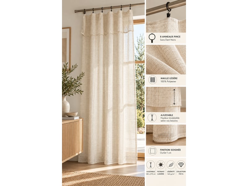  Rideau ajustable freya sable 140 x 270 cm 8 anneaux pince noirs 160 gm² 15670 - Conforama B