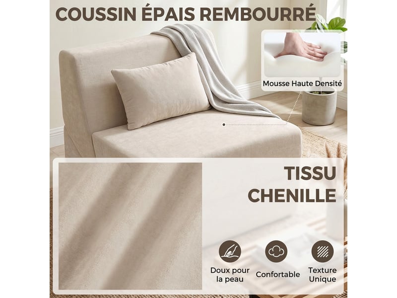  Canapé-lit pliant 3 en 1, chauffeuse 1 place convertible en chenille, coussin et dossier, compressé sans montage, beige  - Conforama R