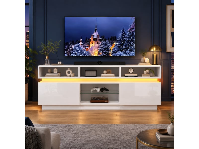  Meuble tv bas modenvie led 160 x 35 x 60 cm 10 espaces de rangement mdf et verre trempé blanc  - Conforama B