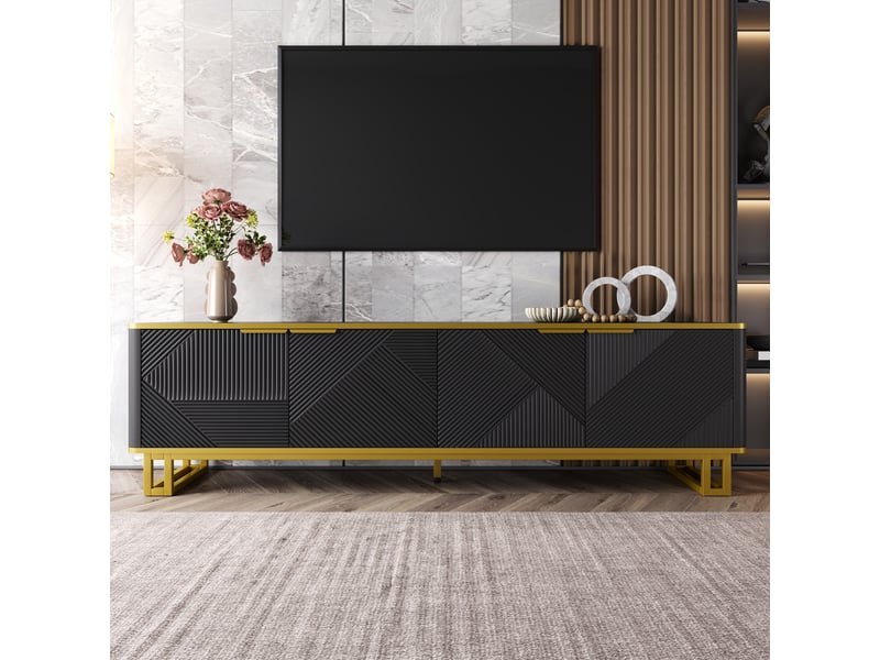  Meuble tv 160 cm noir et or, meuble tv 4 portes avec design géométrique, meuble tv bas salon en mdf  - Conforama C