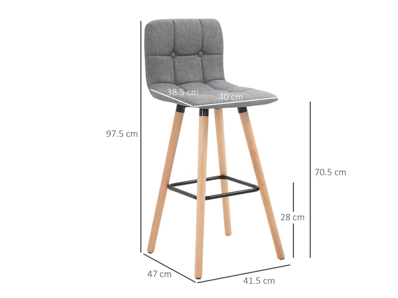  Lot de 2 tabourets de barde cuisine avec dossier et repose-pieds, assise en tissu rembourrée et pieds en bois, 41,5 x 47 x 97,5 cm, gris  - Conforama E