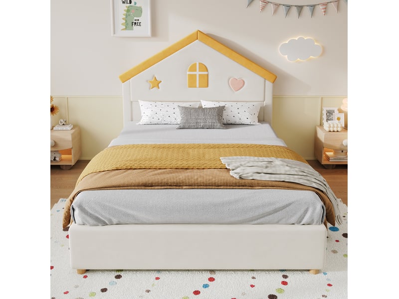  Lit enfant 140 × 200 cm 1 place avec 4 tiroirs, sans matelas, en velours beige, pour chambre d’enfant  - Conforama C