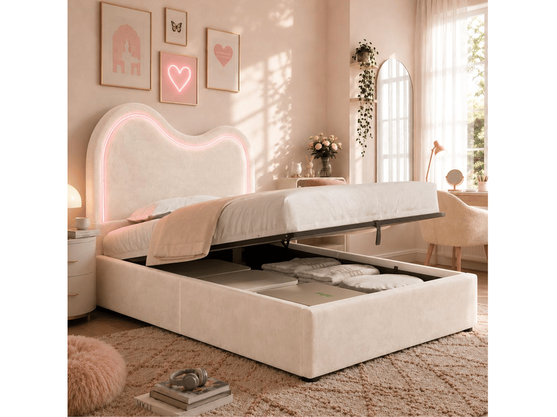  Lit enfant 90x200 cm en velours beige avec rangement hydraulique  - Conforama B