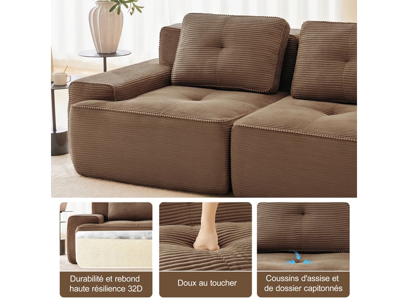  Canapé modulable 3 places en velours côtelé marron 293 x 104 x 69 cm, assise profonde, sans montage, salon W3325S00164 - Conforama E