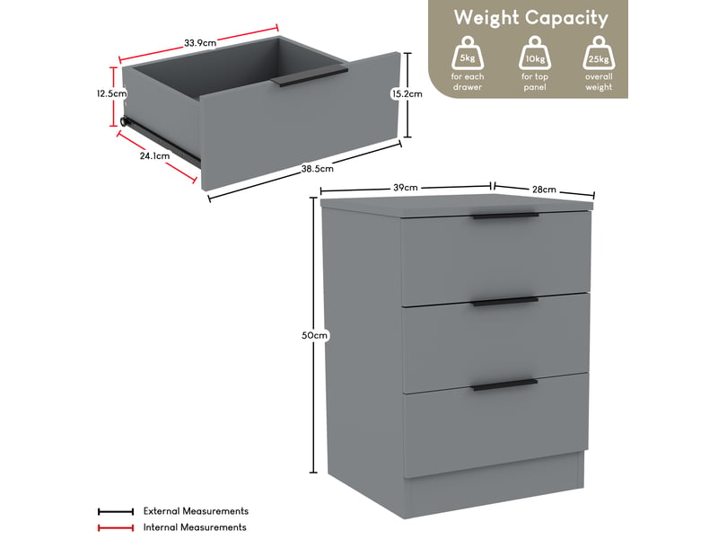  Table de chevet trega 3 tiroirs, commode de nuit, chambre, set de 2, 50x39x28cm, gris 3332102 - Conforama D