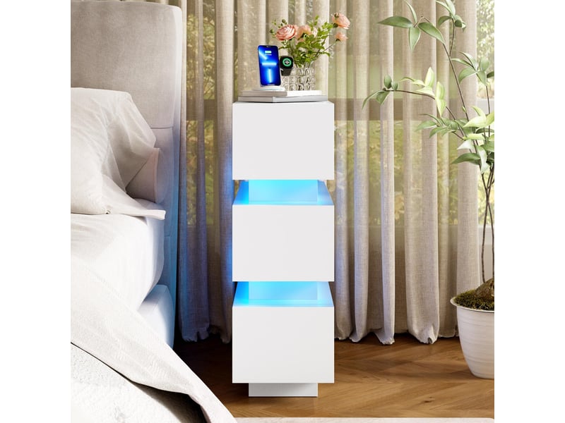 Lot de 2 tables de chevet - 40 x 20 x 59,5 cm - tables de chevet étroites avec éclairage led et ports usbtype-c - blanc - Conforama D