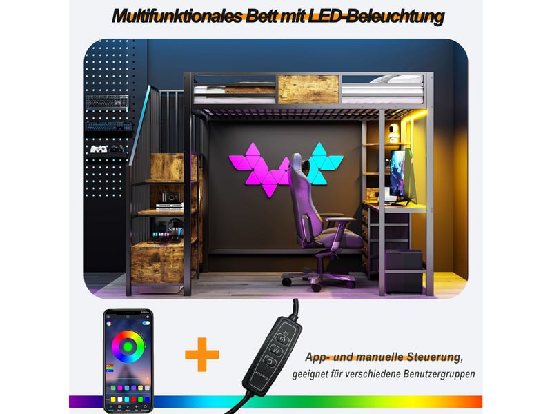  Lit mezzanine en métal 90*200 avec bureau, étagères, penderie, led et prise, noir multifonctionnel  - Conforama D