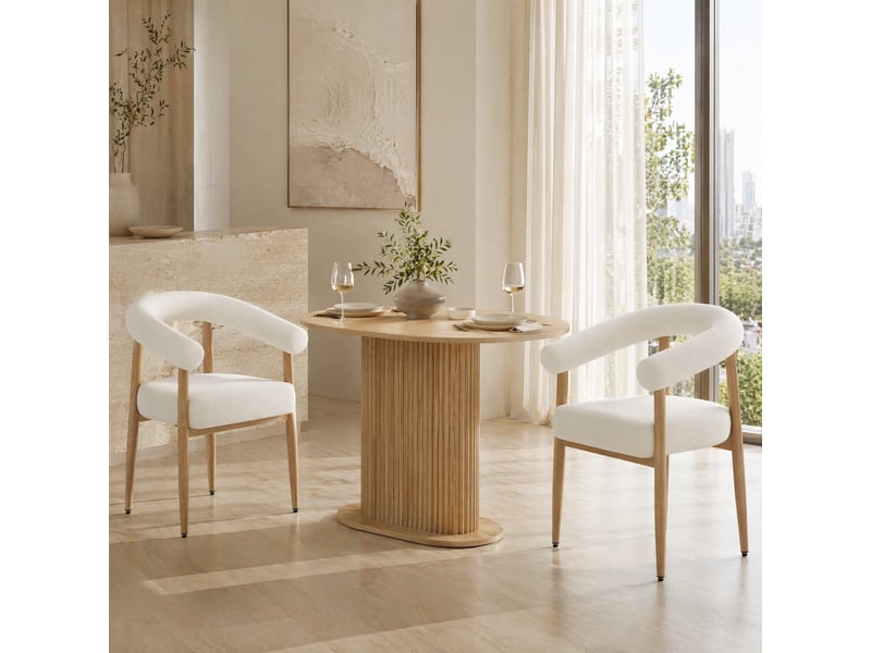  Lot de 2 chaises de salle à manger rembourrées en tissu blanc, pieds en métal aspect bois  - Conforama D