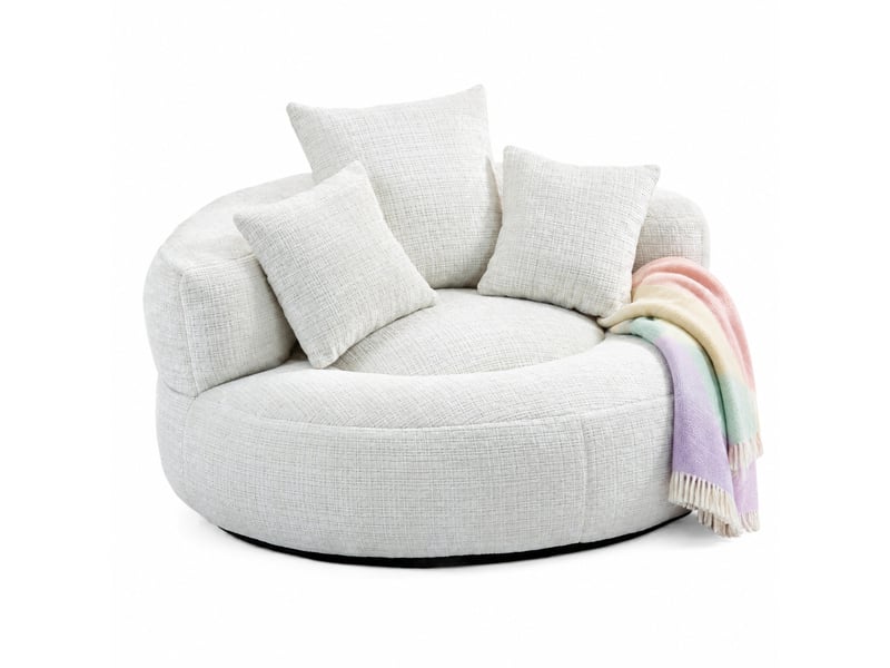  Fauteuil pouf en chenille, avec dossier haut, assise spacieuse et accoudoirs enveloppants, design ergonomique, beige  - Conforama A