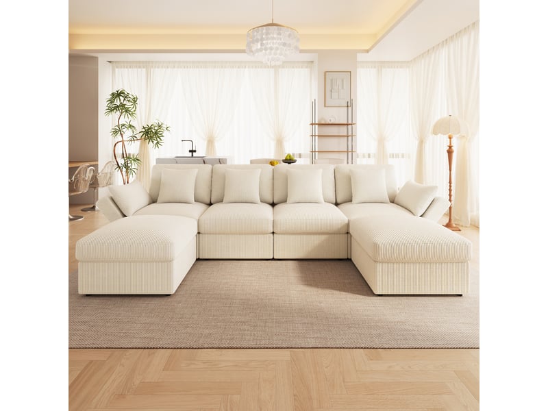 Canapé d'angle modulable modenvie 6 places en velours côtelé beige 290 x 159,5 x 89 cm avec poufs amovibles - Conforama E