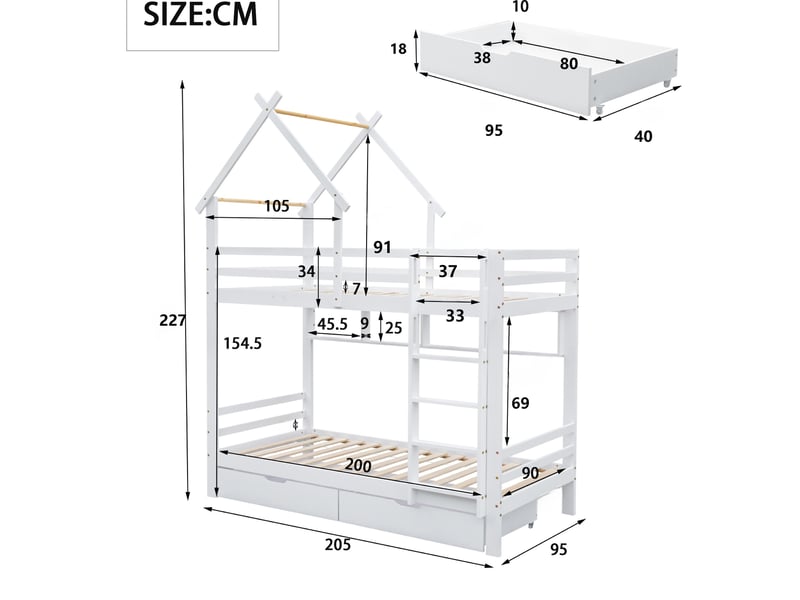  Lit superposé 90x200cm, escalier et sommiers, lit enfant avec compartiments, 2 tiroirs rangement, bois blanc, sans matelas  - Conforama C