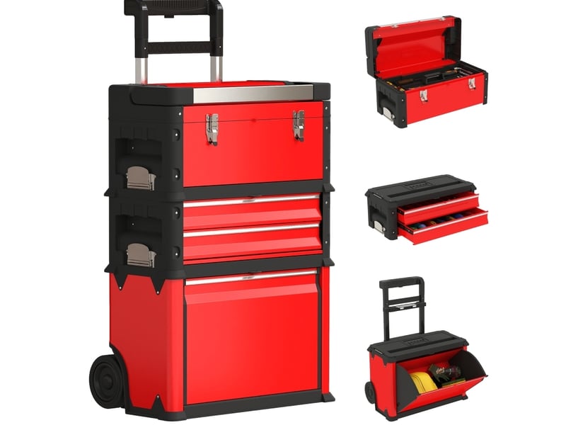  Chariot porte-outils 3 modules empilables, 52 x 32 x 72 cm rouge, acier et plastique renforcé, rangement mobile  - Conforama A