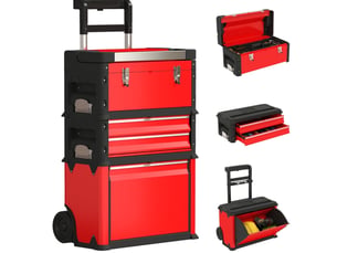 Chariot porte-outils 3 modules empilables, 52 x 32 x 72 cm rouge, acier et plastique renforcé, rangement mobile
