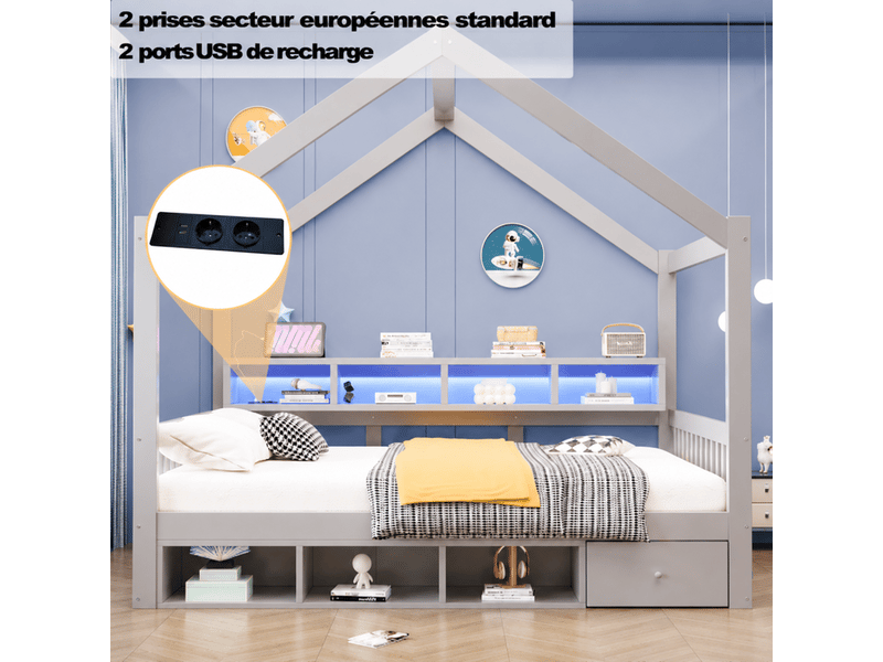  Lit cabane 140x200cm, tiroirs et étagères, barrières, led et prises, sommier à lattes, pin et panneaux de bois, gris OMNIGLINT TRADING LTD - Conforama E