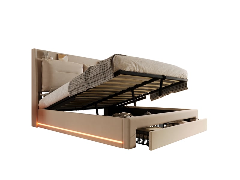 Lit Coffre 140x190 Cm Avec Sommier à Lattes – Velours Beige, Tête De Lit Réglable, LED Intégrée Et Rangement Hydraulique, Sans Matelas