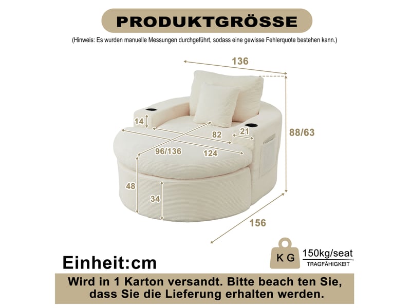 Fauteuil lounge rond 1 place avec repose-pieds et porte-gobelet, velours côtelé beige - Conforama C