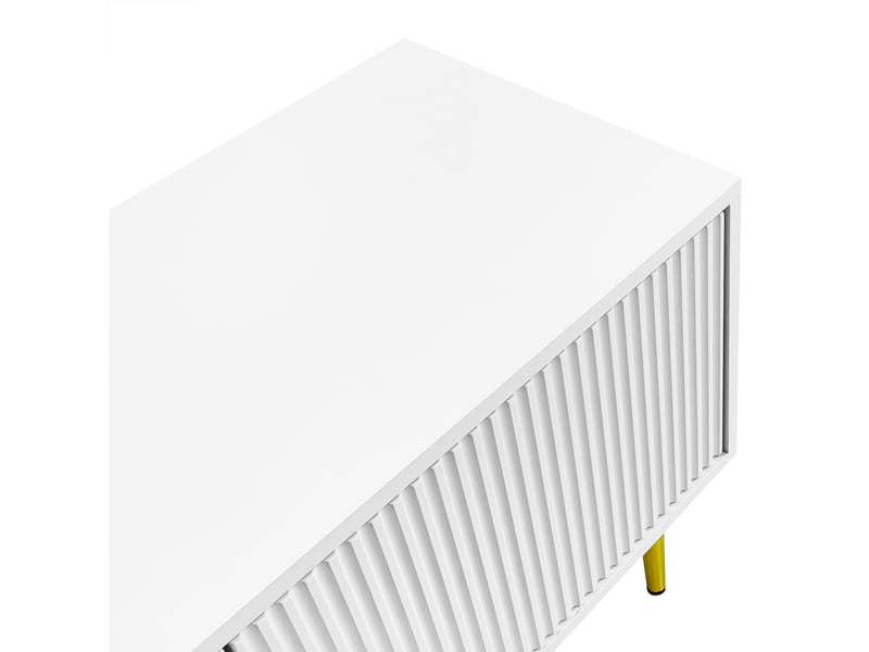  Meuble tv élégant 170x35x50 cm, 2 portes à rainures verticales, corps blanc avec pieds et poignées dorés, 2 portes à verre bombé  - Conforama C