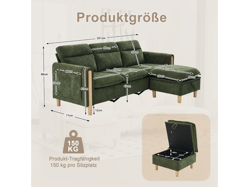 Canapé d’angle réversible 3 places avec pouf de rangement  - poches latérales, chenille vert  - Conforama D