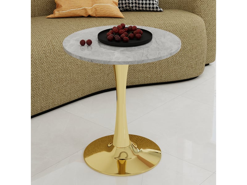  Table ronde 70 cm style mid-century – plateau en marbre artificiel gris clair – piètement doré  - Conforama B