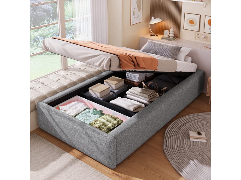  Lit capitonné 90*200cm gris, relevage hydraulique, un tiroir, sans matelas, sans tête de lit  - Conforama C