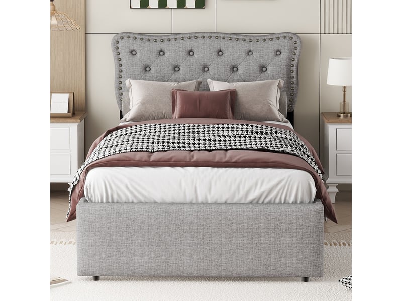  Lit jeune 90x200 cm avec 2 tiroirs et tête réglable, lin, gris, sans matelas  - Conforama B