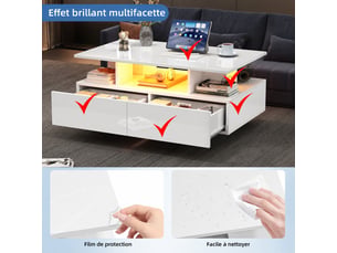 Table basse avec lumières led, 2 tiroirs et 2 niveaux de rangement, 90x55x41 cm, brillant blanc