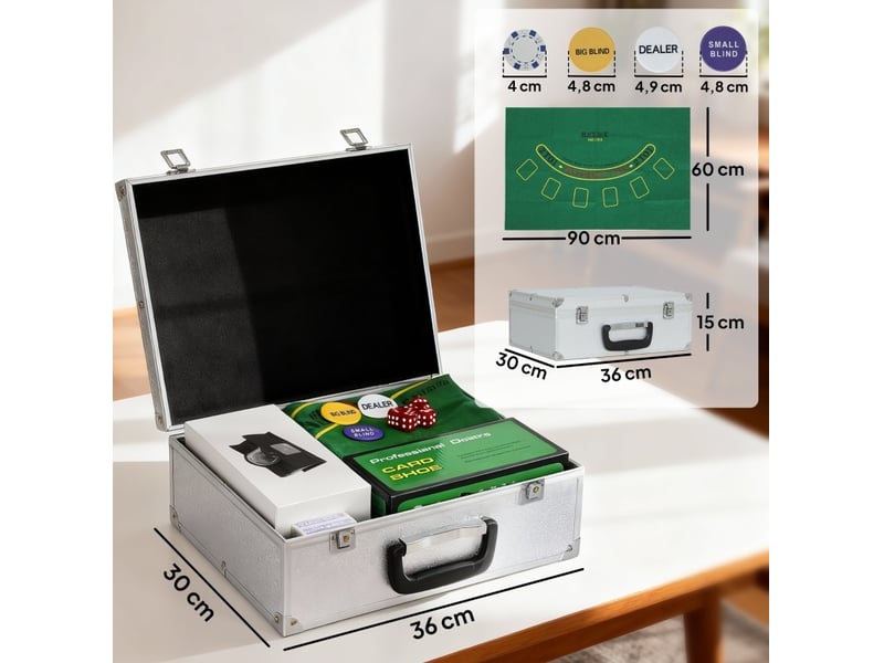 Coffret de poker 300 jetons 36 x 30 x 15 cm – argent – mélangeur manuel et accessoires pour 8 joueurs - Conforama C