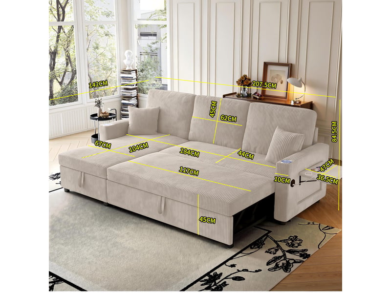 Canapé d’angle (à gauche) convertible 3 places 207,5 x 142 x 84,5 cm, avec rangement, assise spacieuse et méridienne, velours côtelé, beige OMNIGLINT TRADING LTD - Conforama D