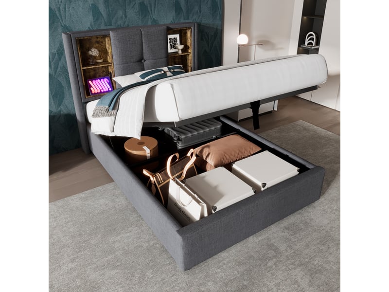 Lit coffre simple 90×200 cm avec chargeur sans fil et double usb-c, tête capitonnée élégante et sommier bois - gris, sans matelas - Conforama B