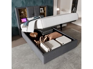 Lit coffre simple 90×200 cm avec chargeur sans fil et double usb-c, tête capitonnée élégante et sommier bois - gris, sans matelas