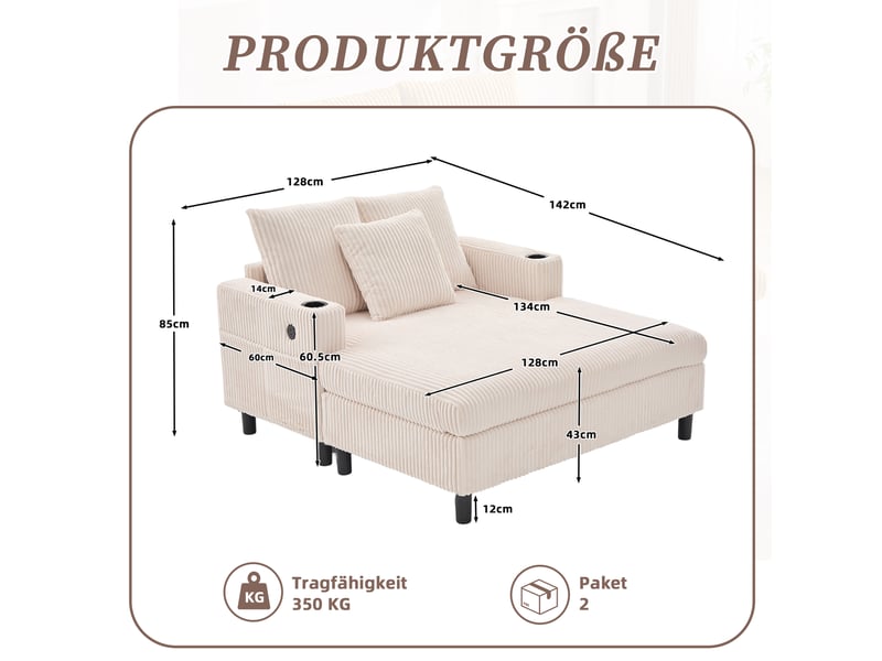  Fauteuil relax méridienne avec usb, led et porte-gobelets, assise profonde ergonomique, en velours côtelé beige  - Conforama D