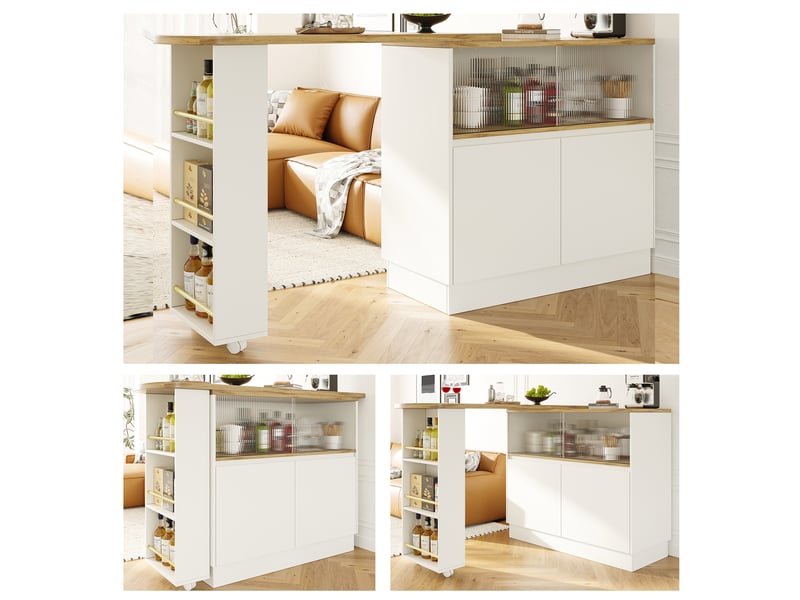 Ilot cuisine, buffet de cuisine avec rangements intégrés, pivotant à 360°, organisation fonctionnelle, dimensions 100 x 90 x 45 cm, mdf, blanc - Conforama B