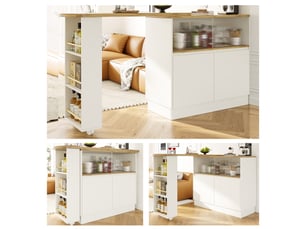 Ilot cuisine, buffet de cuisine avec rangements intégrés, pivotant à 360°, organisation fonctionnelle, dimensions 100 x 90 x 45 cm, mdf, blanc