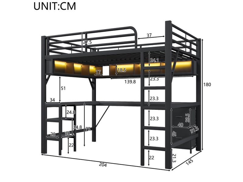  Lit mezzanine gaming 140x200 cm, bureau rangements tiroirs, led usb, métal mdf, charge 150 kg noir sans matelas  - Conforama C
