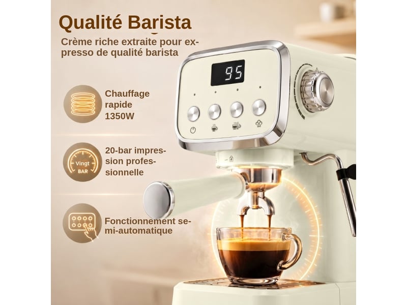  Machine à Expresso Porte-Filtre 20 Bars avec Buse Vapeur Lait Réservoir d'Eau Amovible 1,2L Compact Inox Beige  - Conforama D