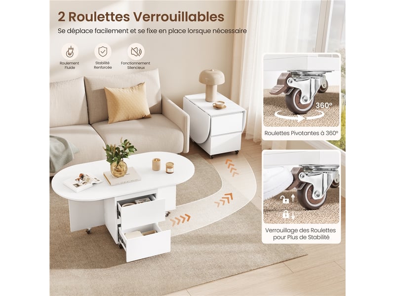  Table basse extensible 3-en-1 4080120x60x50,5 cm avec roulettes et rangement 616416 White - Conforama R