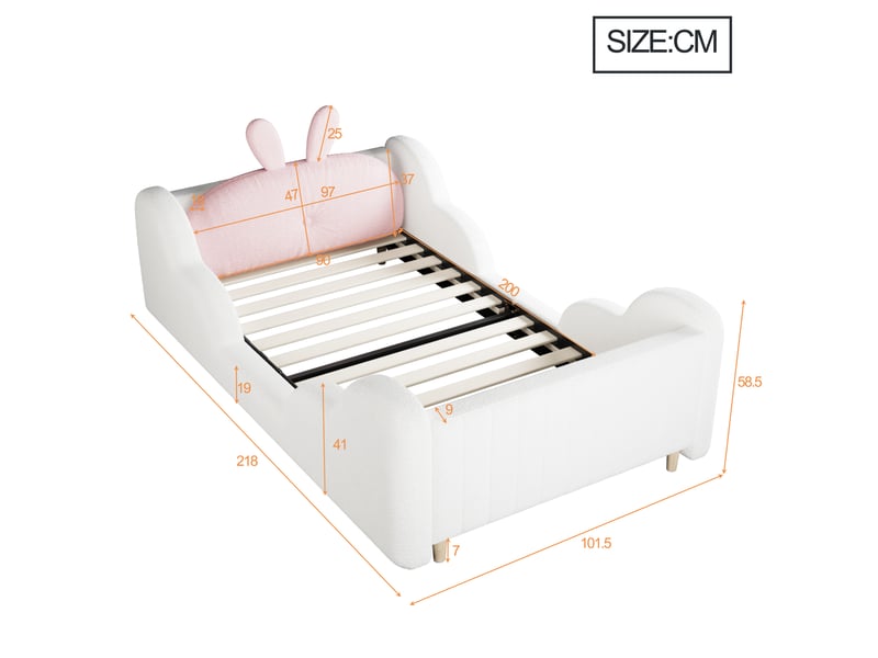  Lit enfant 90 × 200 cm 1 place avec barrières rembourrées et coussin lapin, sans matelas, blanc  - Conforama D