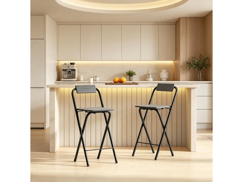  Tabourets de bar pliables lot de 2 avec dossier, repose-pieds et cadre acier hauteur 87 cm  - Conforama E