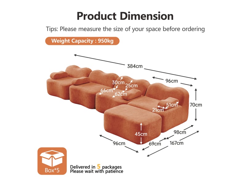 Canapé modulaire d'angle 4 places avec assise profonde et coussin d'accoudoir, en velours orange - Conforama E