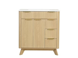 Meuble vasque salle de bain bois naturel 81 cm avec 3 tiroirs, doubles portes et étagère