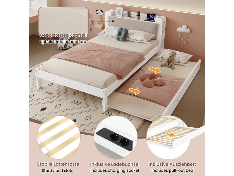 Lit gigogne 120x200 cm blanc en bois, lit 2 en 1 avec couchage 90x190 réversible, tête rembourrée, étagères et station de charge - Conforama B