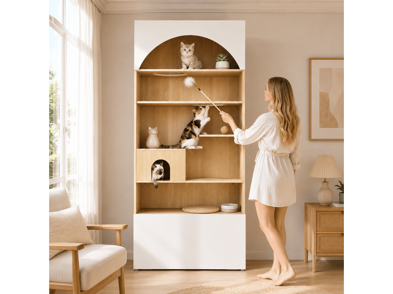 Meuble 90 x 50 x 200 cm avec niche, plateformes et espace de rangement, blanc effet bois - Conforama B