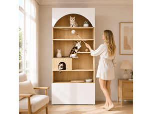Meuble 90 x 50 x 200 cm avec niche, plateformes et espace de rangement, blanc effet bois